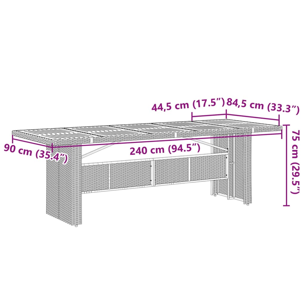 havebord med glastop 240x90x75 cm polyrattan grå