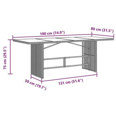 havebord med glastop 190x80x75 cm polyrattan brun