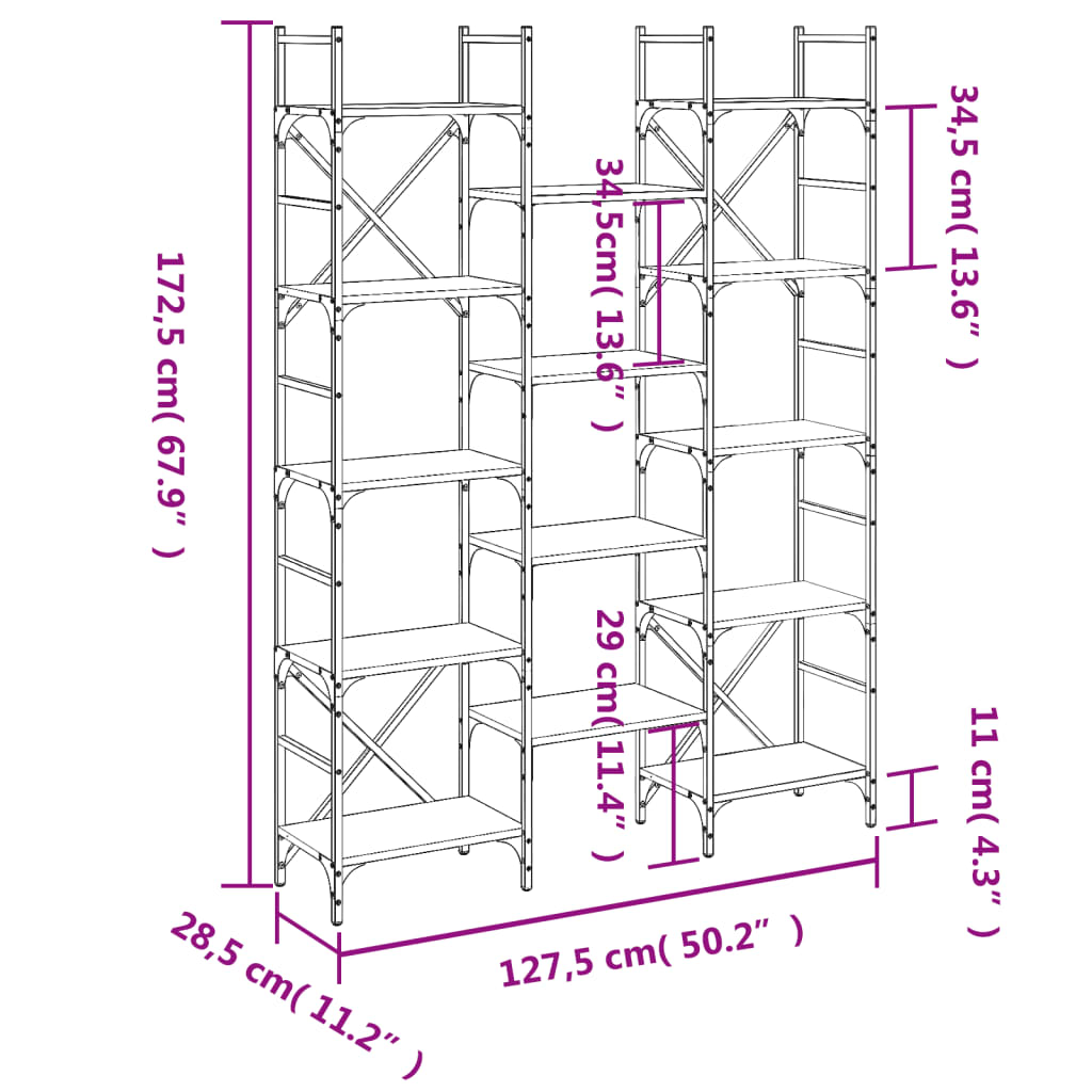 bogreol 127,5x28,5x172,5 cm konstrueret træ røget egetræsfarve