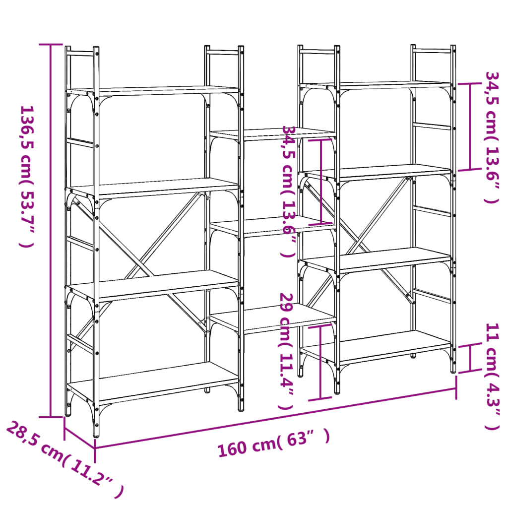 bogreol 160x28,5x136,5 cm konstrueret træ sonoma-eg