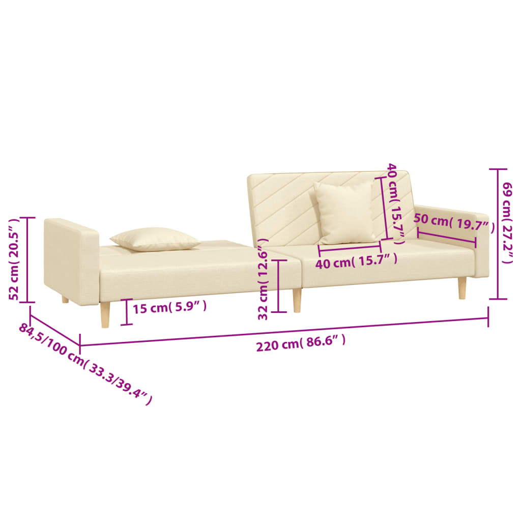 2-personers sovesofa med 2 puder stof cremefarvet