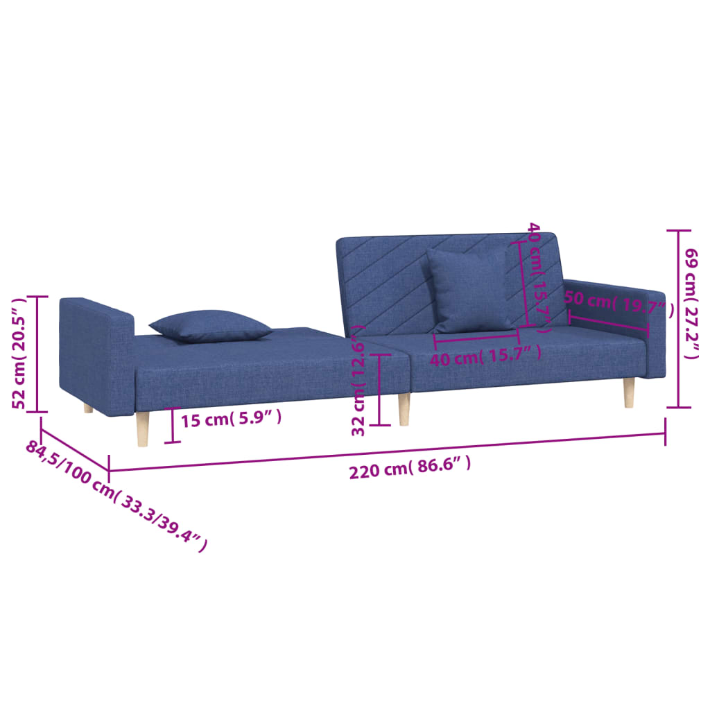 2-personers sovesofa med 2 puder stof blå