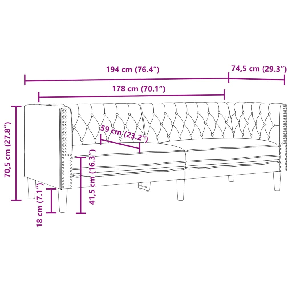 3-personers Chesterfield-sofa kunstlæder sort