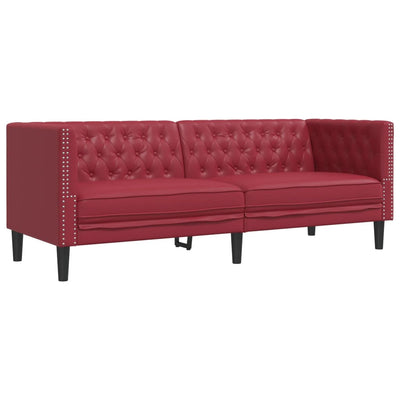 3-personers Chesterfield-sofa kunstlæder vinrød