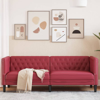 3-personers Chesterfield-sofa kunstlæder vinrød