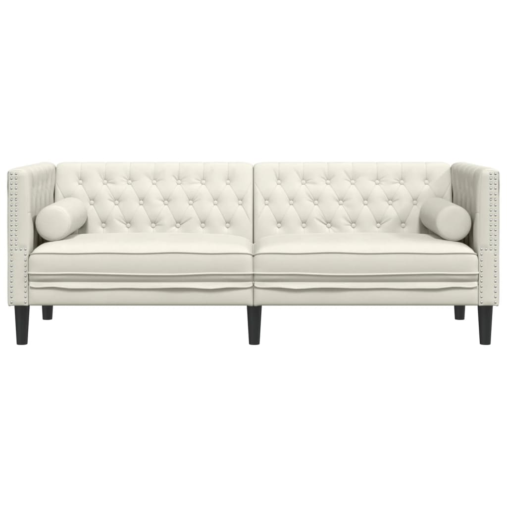 3-personers Chesterfield-sofa m. bolsterpuder fløjl cremefarvet