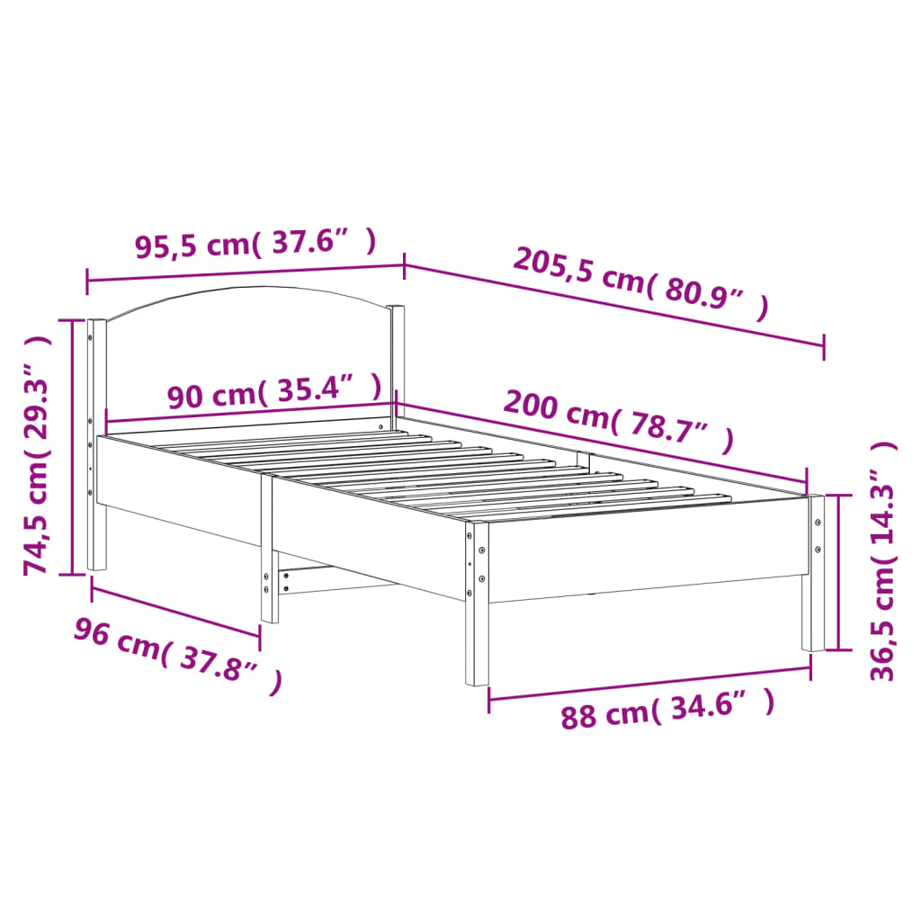 sengeramme uden madras 90x200 cm massivt fyrretræ