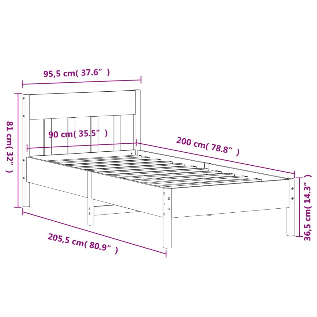 sengeramme uden madras 90x200 cm massivt fyrretræ