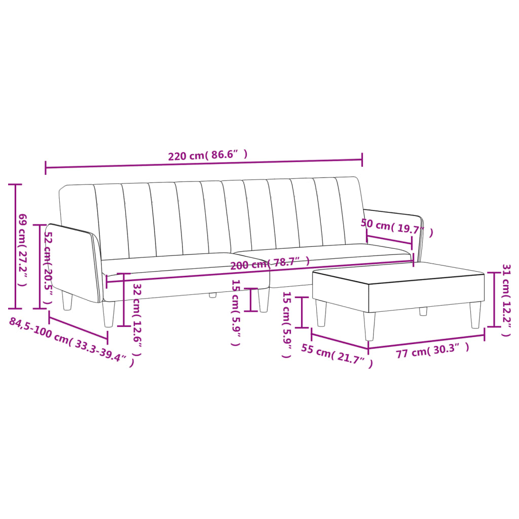 2-personers sovesofa med fodskammel velour sort