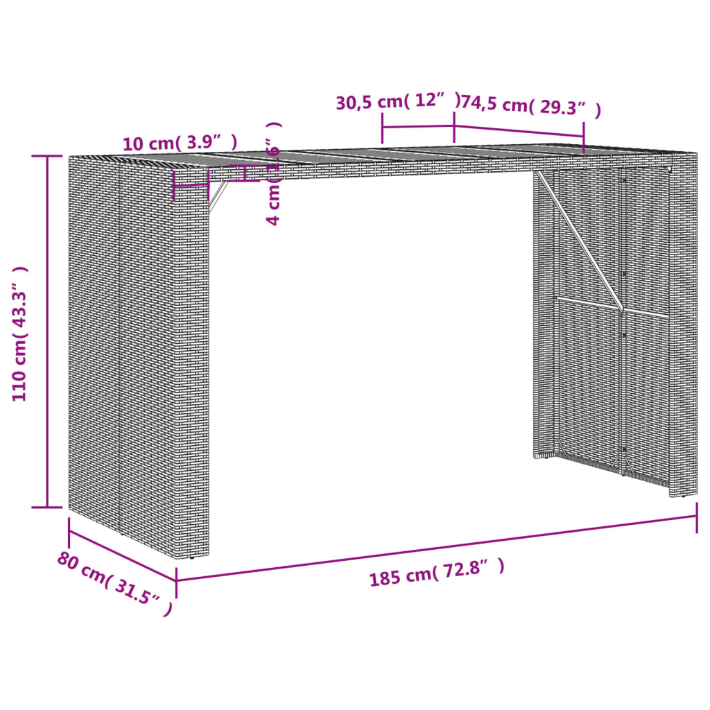 barbord til haven 185x80x110 cm akacietop polyrattan sort