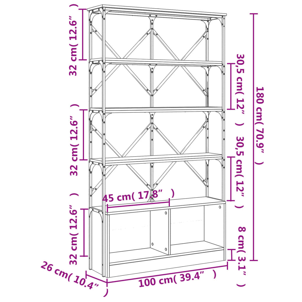 bogreol 100x26x180 cm konstrueret træ og metal grå sonoma-eg