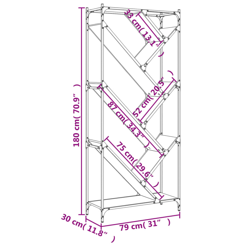 bogreol 79x30x180 cm konstrueret træ og metal brunt eg