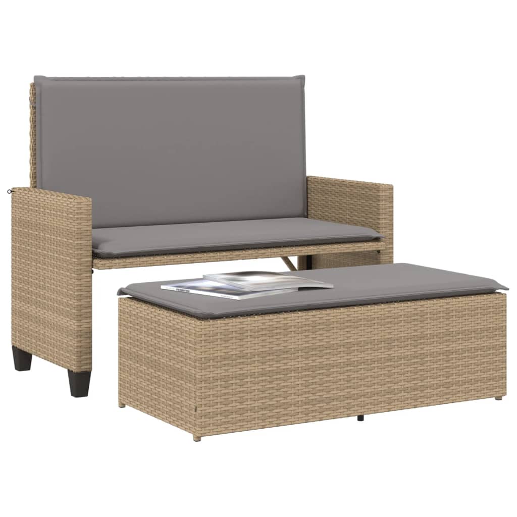 havebænk med hynder og fodskammel polyrattan beige