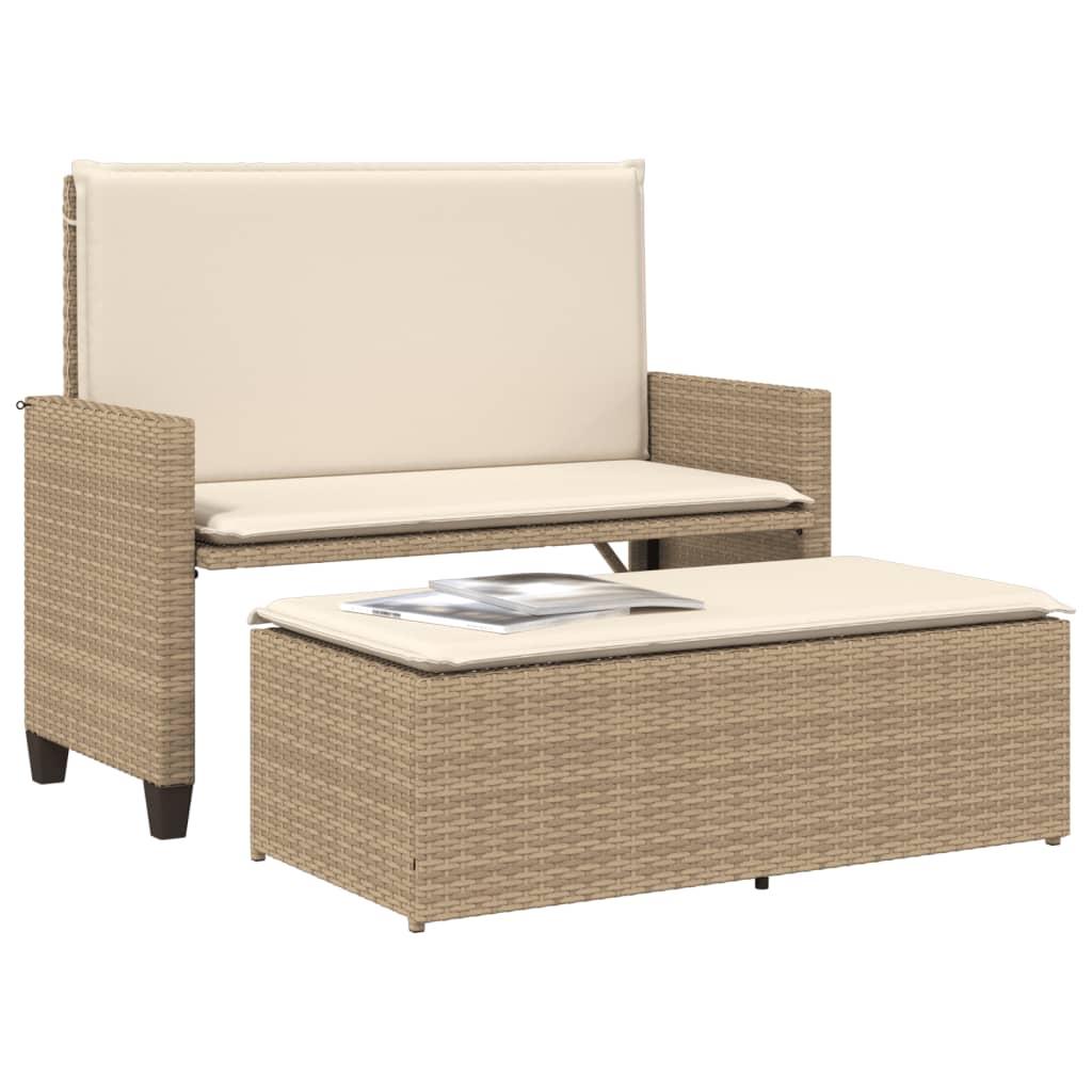 havebænk med hynder og fodskammel polyrattan beige