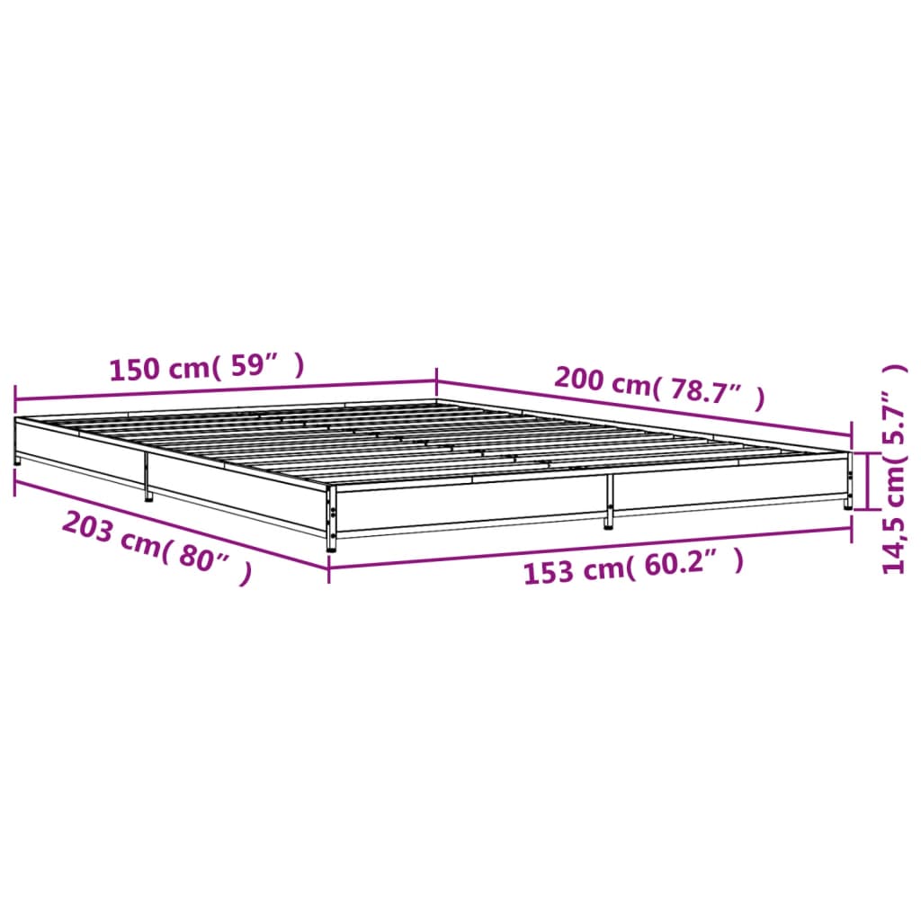 sengestel 150x200cm konstrueret træ og metal røget egetræsfarve