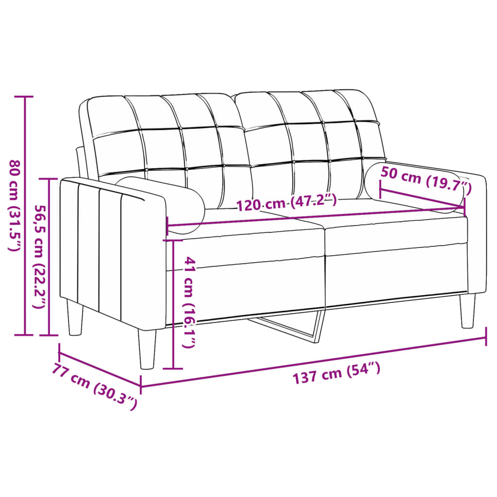 2-personers sofa med pyntepuder 120 cm velour lysegrå