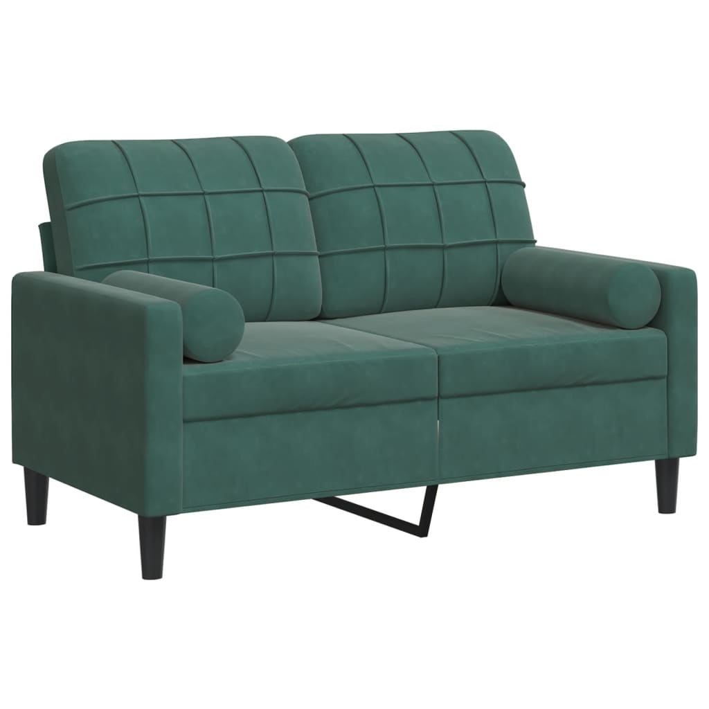 2-personers sofa med pyntepuder 120 cm velour mørkegrøn