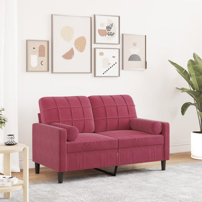 2-personers sofa med pyntepuder 120 cm velour vinrød