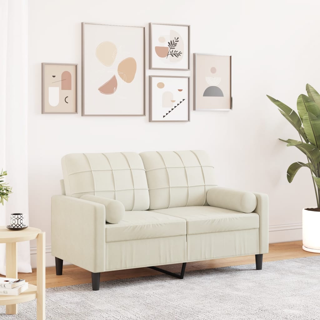 2-personers sofa med pyntepuder 120 cm velour cremefarvet