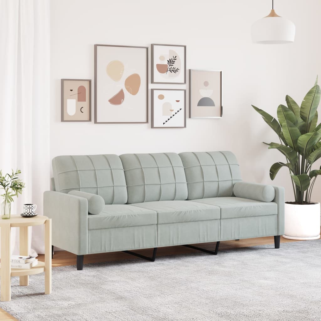 3-personers sofa med pyntepuder 180 cm velour lysegrå