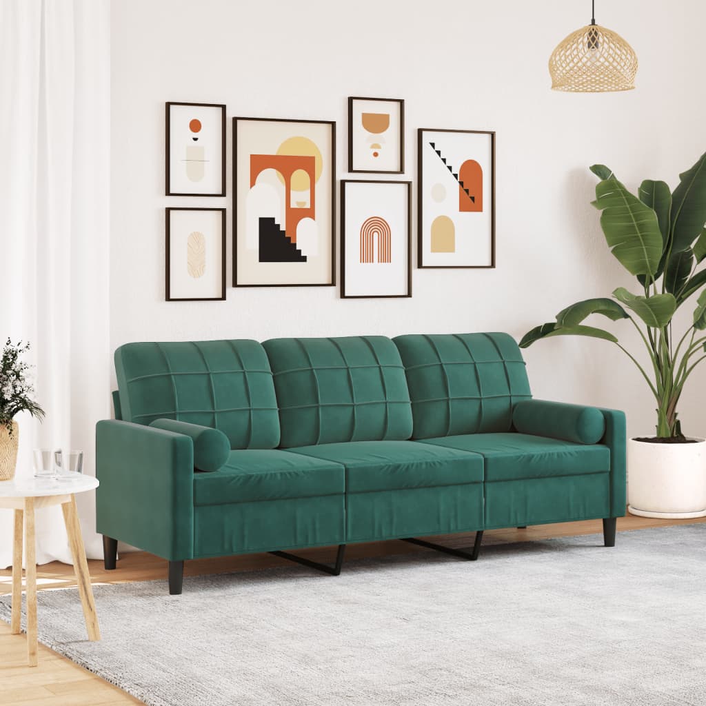 3-personers sofa med pyntepuder 180 cm velour mørkegrøn