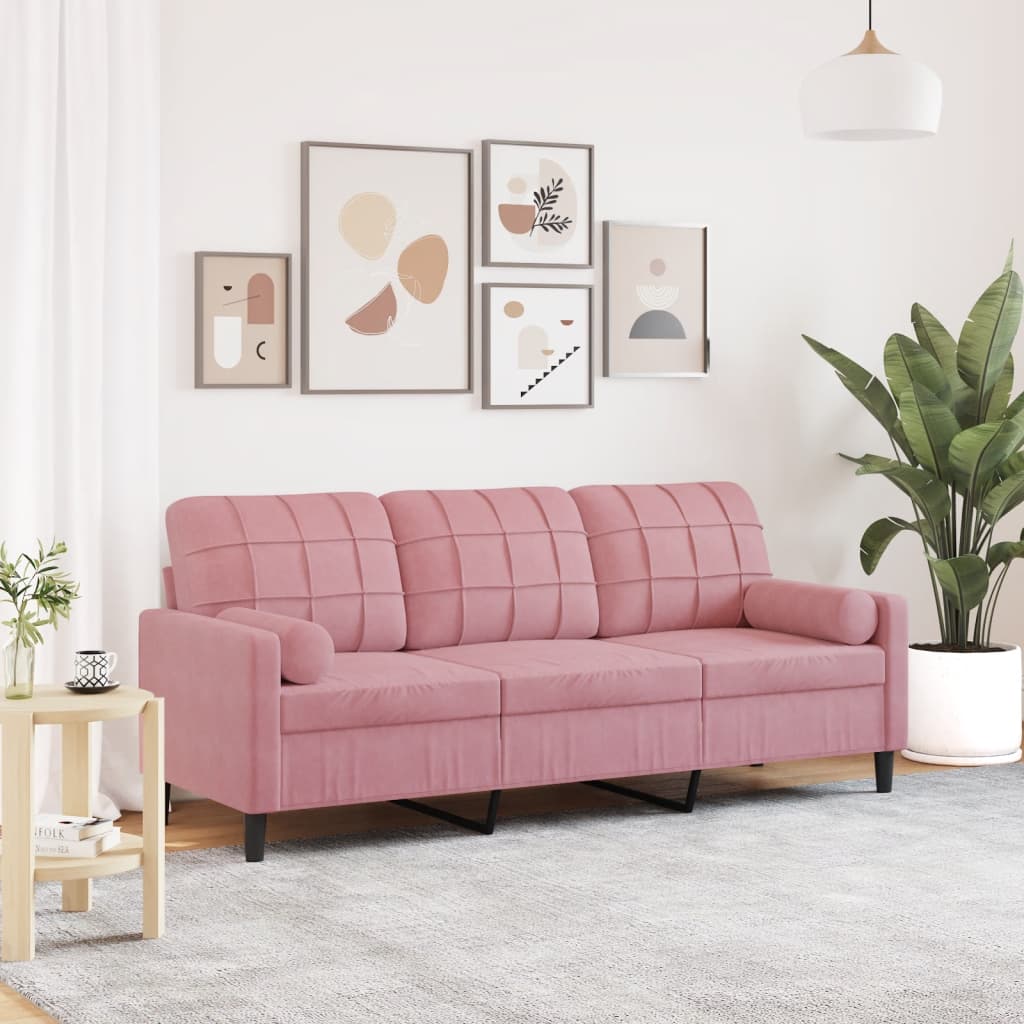 3-personers sofa med pyntepuder 180 cm velour pink