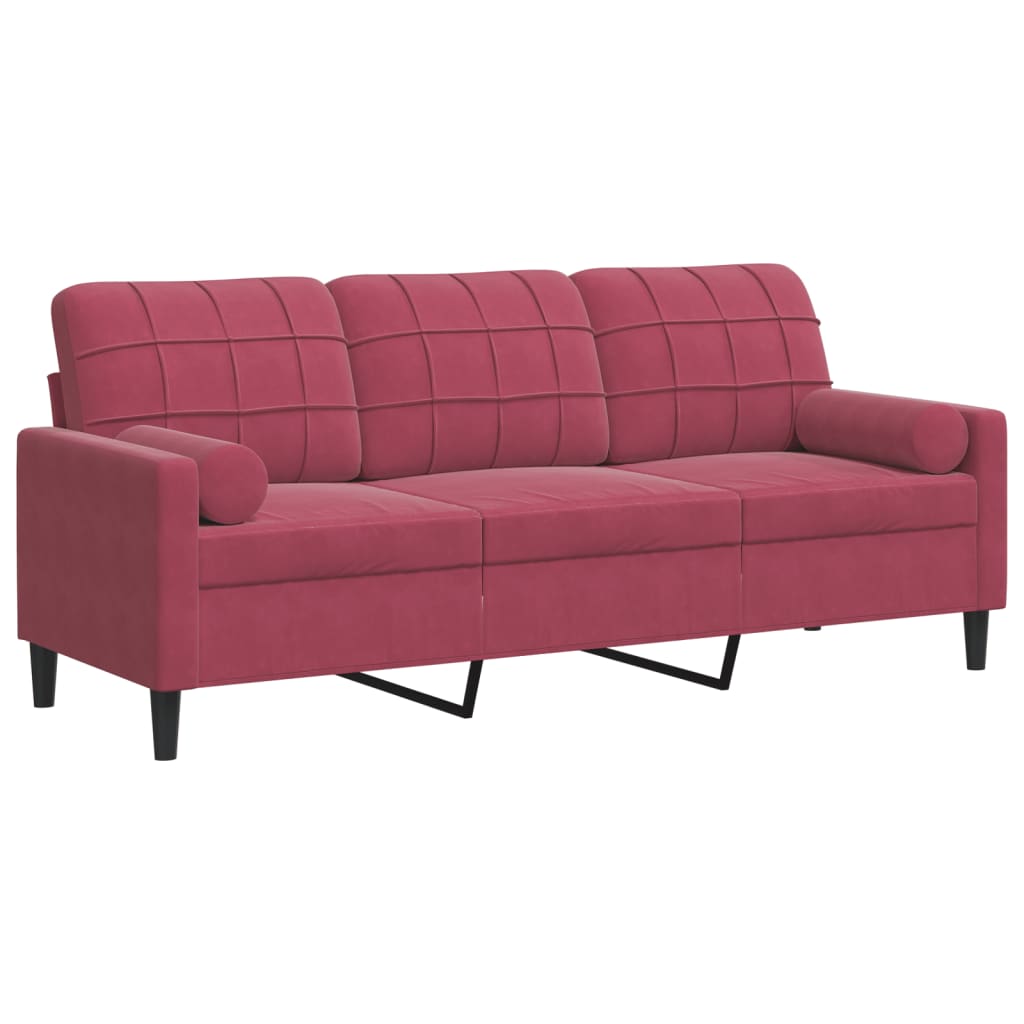 3-personers sofa med pyntepuder 180 cm velour vinrød