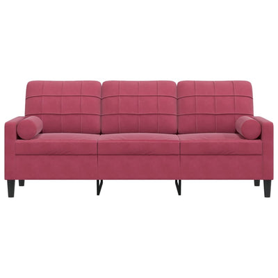 3-personers sofa med pyntepuder 180 cm velour vinrød