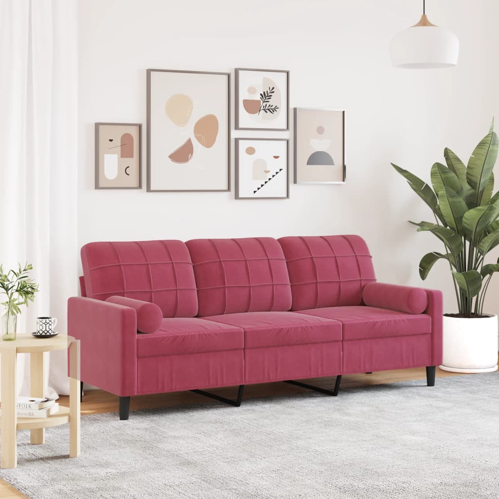 3-personers sofa med pyntepuder 180 cm velour vinrød