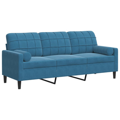 3-personers sofa med pyntepuder 180 cm velour blå