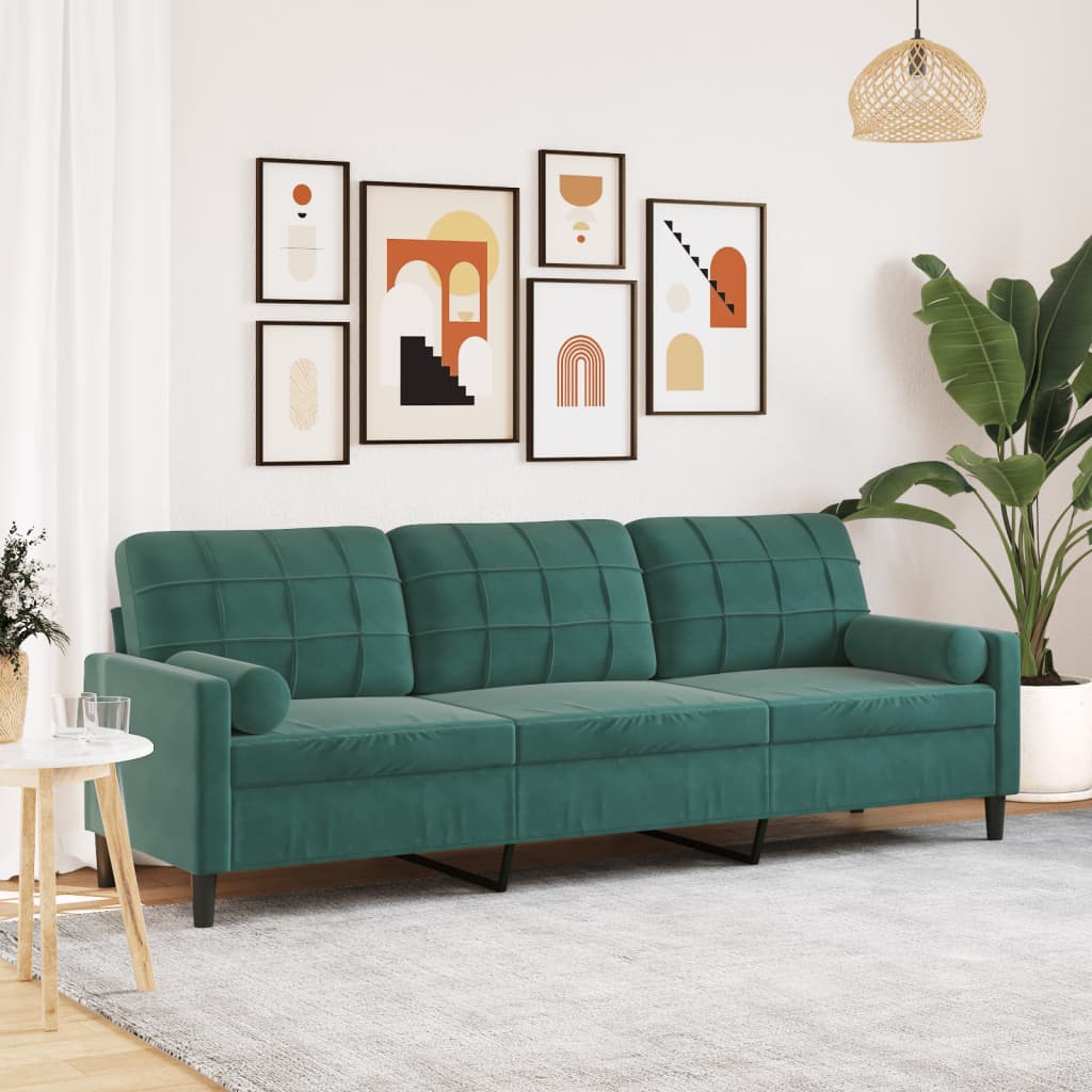 3-personers sofa med pyntepuder 210 cm fløjl mørkegrøn