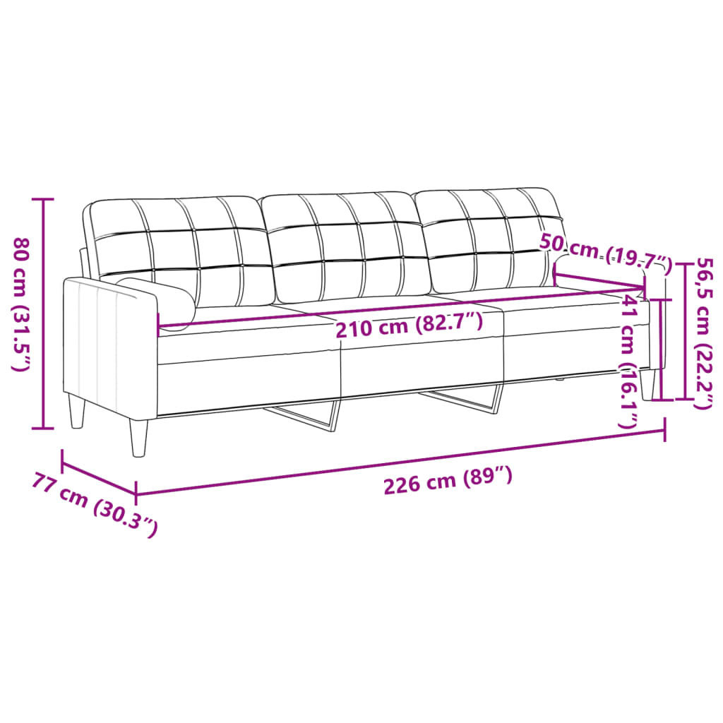 3-personers sofa med pyntepuder 210 cm fløjl pink