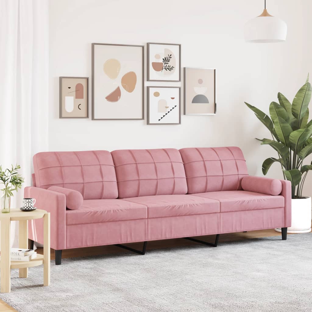 3-personers sofa med pyntepuder 210 cm fløjl pink