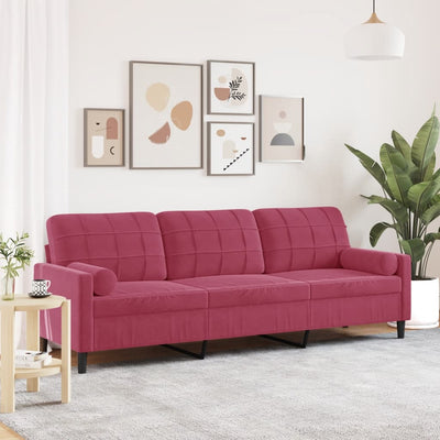 3-personers sofa med pyntepuder 210 cm fløjl vinrød