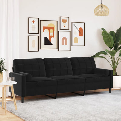 3-personers sofa med pyntepuder 210 cm fløjl sort