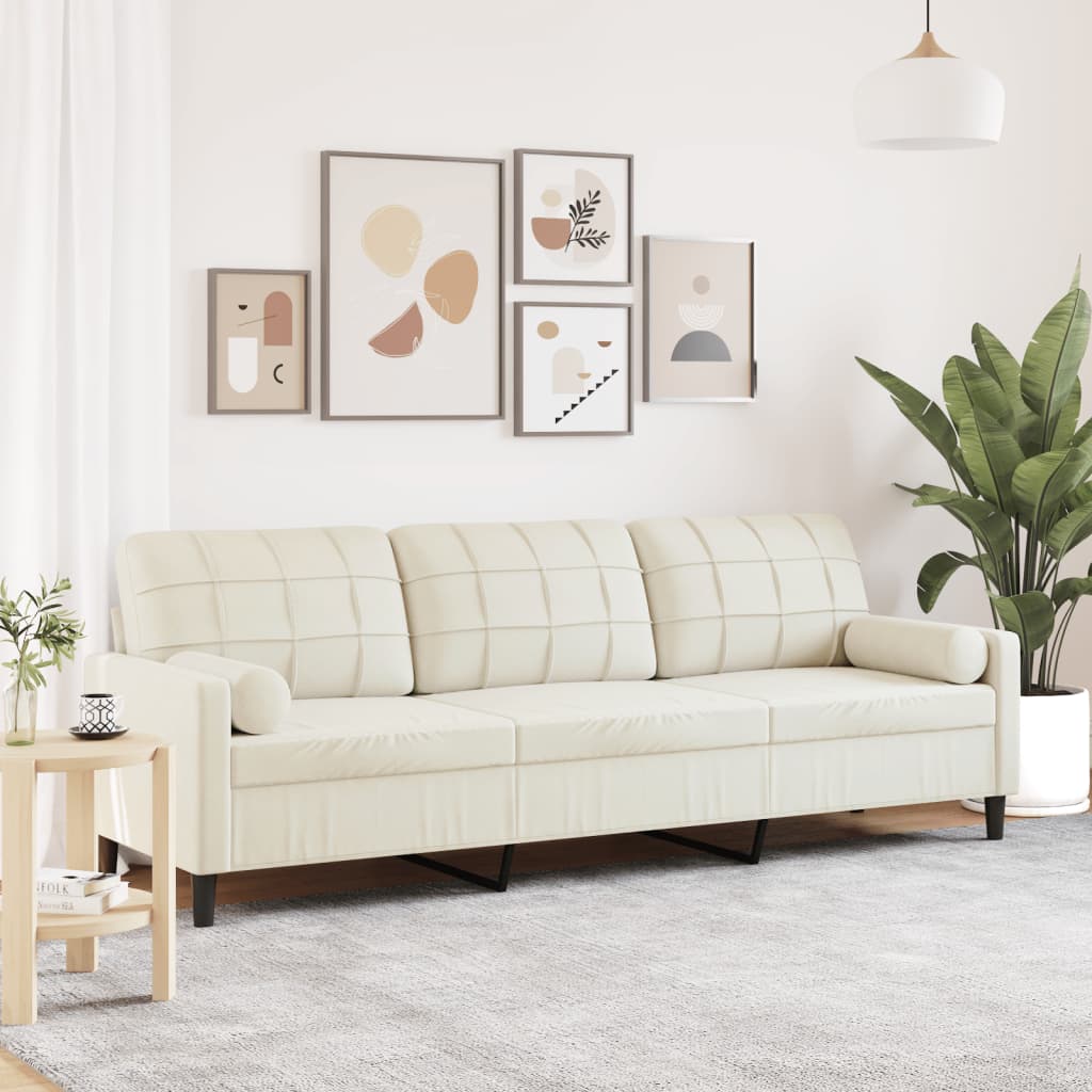 3-personers sofa med pyntepuder 210 cm velour cremefarvet