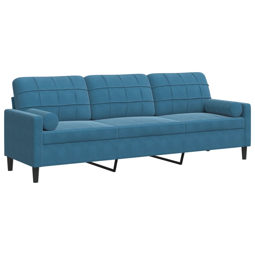 3-personers sofa med pyntepuder 210 cm velour blå