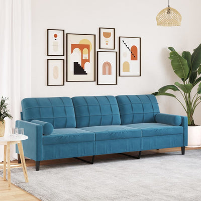 3-personers sofa med pyntepuder 210 cm velour blå