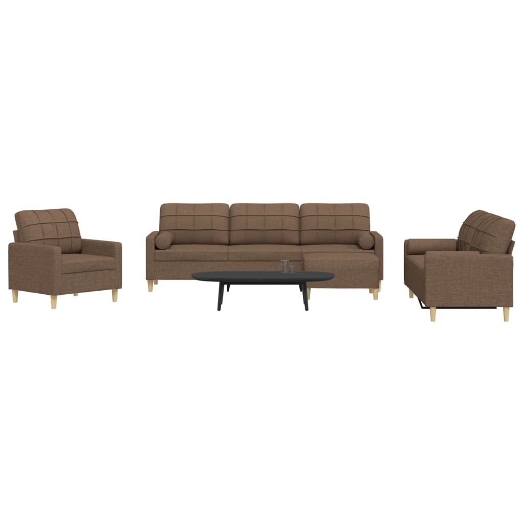 sofasæt 4 dele med fodskammel og pyntepuder stof brun