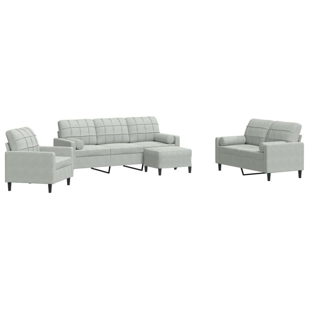 sofasæt 4 dele med hynder og bolsterpuder velour lysegrå