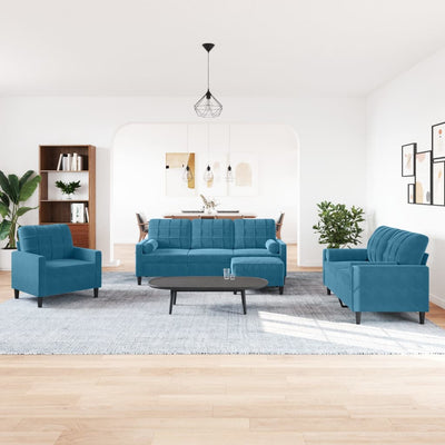 sofasæt 4 dele med hynder og bolsterpuder velour blå