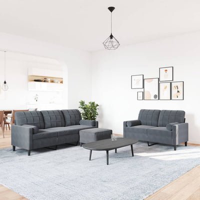 sofasæt 3 dele med hynder og bolsterpuder velour mørkegrå