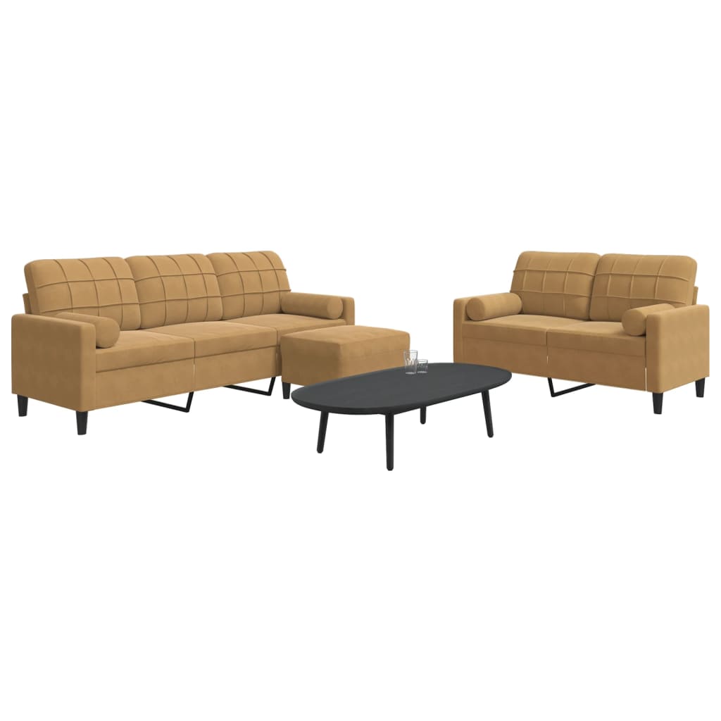 sofasæt 3 dele med hynder og bolsterpuder velour brun