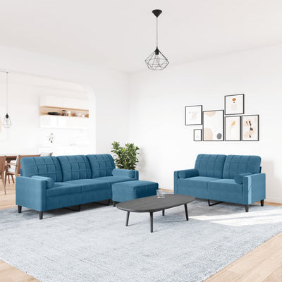 sofasæt 3 dele med hynder og bolsterpuder velour blå