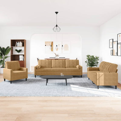 sofasæt 3 dele med hynder og bolsterpuder velour brun
