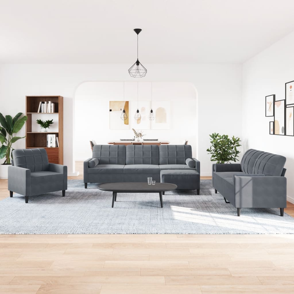 sofasæt 4 dele med hynder og bolsterpuder velour mørkegrå