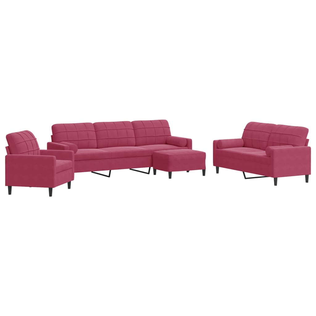 sofasæt 4 dele med hynder og bolsterpuder velour vinrød