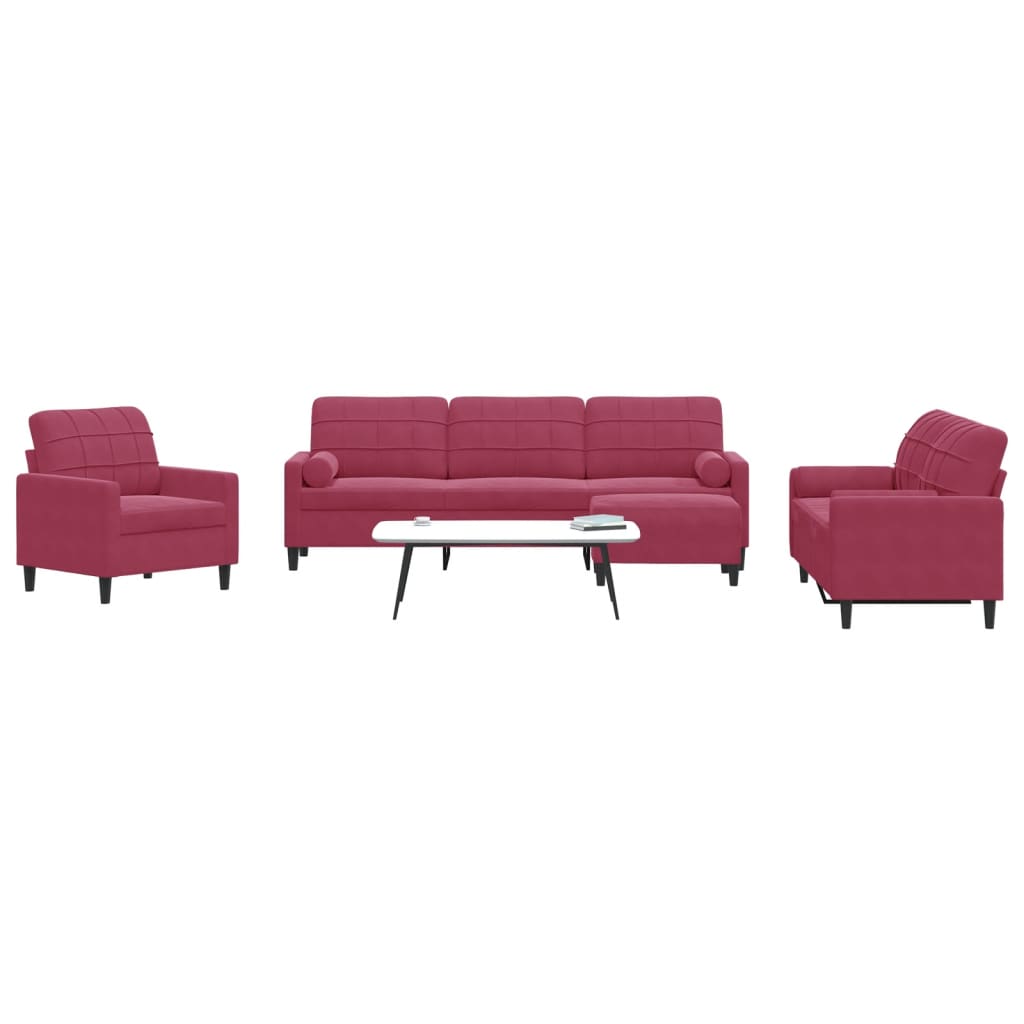 sofasæt 4 dele med hynder og bolsterpuder velour vinrød