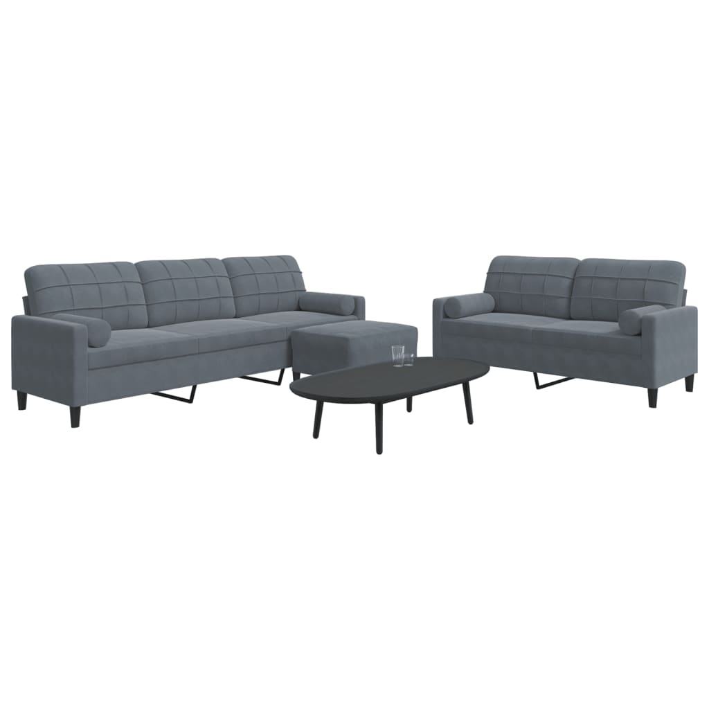 sofasæt 3 dele med hynder og bolsterpuder velour mørkegrå