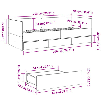 daybed med skuffer uden madras 90x200 cm røget eg